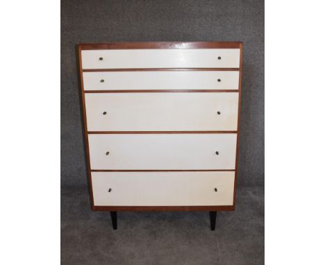 A 1970's vintage chest of five long drawers on splay feet. H.120 x 91cm 