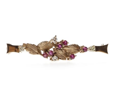 RUBY AND DIAMOND BROOCHwith foliate decoration, set with round rubies and four round brilliant cut diamonds totalling approxi