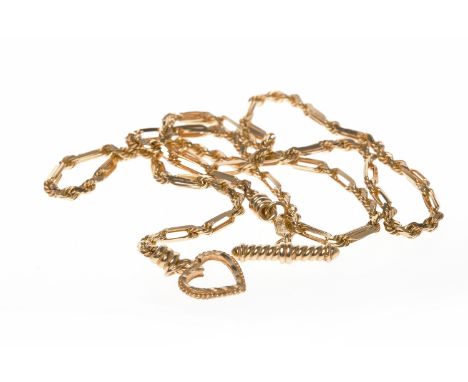HEART MOTIF SET WATCH CHAIN STYLE NECKLACEformed by fancy links, with a T bar and heart shaped clasp, 8.8g