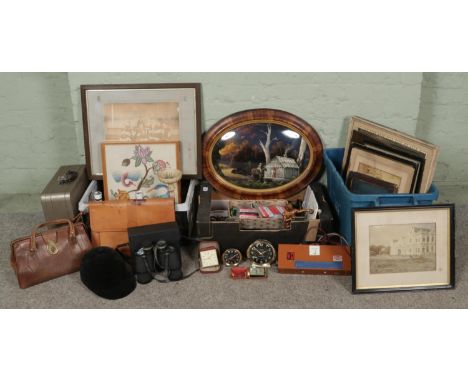 Three large boxes of miscellaneous items, including a horse riding helmet, alarm clock collection (Smith/Big Ben/Baby Ben/Rhy
