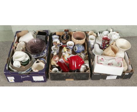 Three boxes of mixed ceramics, pottery and glassware, including red handkerchief art glassware, glass bowls, Falcon jug and v