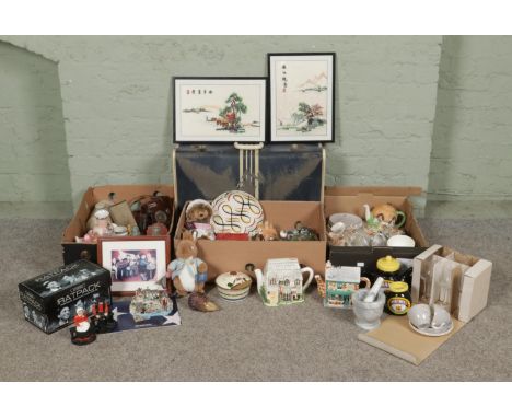 Three boxes of miscellaneous, to include Lilliput Lane cottages, Royal Doulton Frost Pine part tea service, pestle and mortar