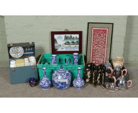 Two boxes of miscellaneous items, to include Brexton picnic set, four piece insulated tea service, framed Oriental silk, a co
