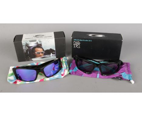 Two boxed pairs of Oakley fashion sunglasses to include London 2012 Olympics edition and Juan Pablo Montoya signature.