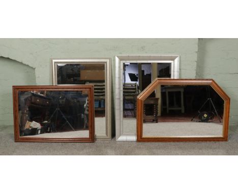 Four modern mirrors, to include burr framed and bevel edged examples.