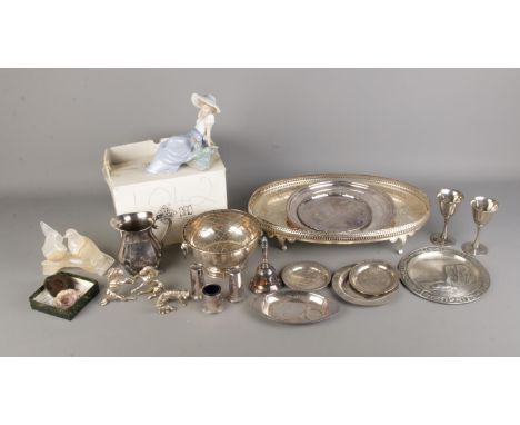 A small quantity of collectables including various silver plate, onyx birds, ammonite fossil, agate crystal and Nao Figurine