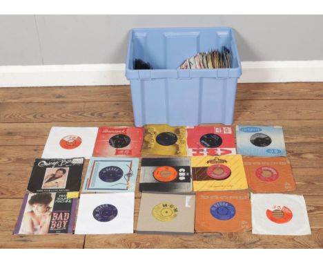 A box of assorted vinyl singles, including Dusty Springfield, The Drifters, The Temptations, Tom Jones, Chuck Berry, Bill Hay