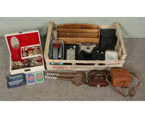 A box of vintage miscellaneous, including wooden letter rack by Hartley Marsland Sheffield, three cameras, four binoculars, c