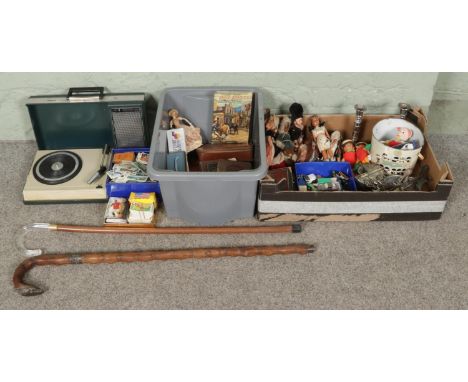 Two boxes of miscellaneous, including a collection of cigarette & football trading cards, two walking sticks (one with sterli