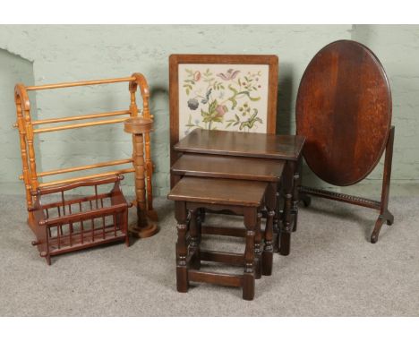 A collection of assorted furniture, to include tilt top occasional table, towel rail, fire screen, two section canterbury and