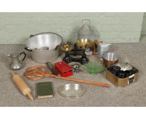 A quantity of kitchenalia and related items including a set of Librasco weighing scales with weights, large metal pan, biscui