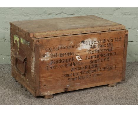 A vintage wooden shot cartridges ammunition box, with metal handles at both side, size W53 x D34 x H33cm.