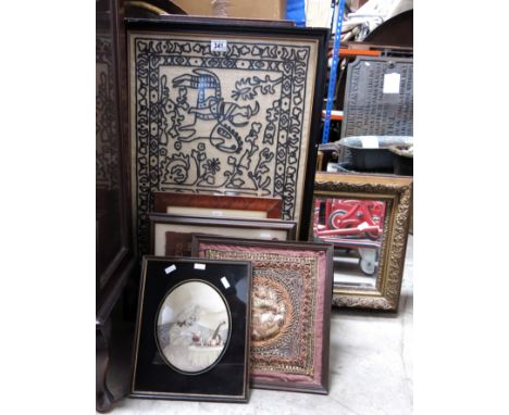 A quantity of decorative pictures to include textile samplers,  sequined Indian panel, prints, a mirror, miniature, etc., (pa