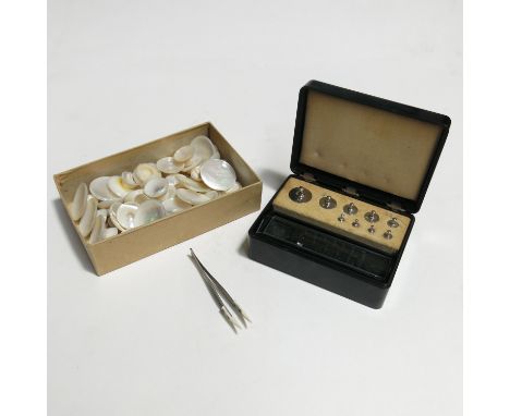 AW. & J. George & Becker LTD Novac calibrating scales set, together with a selection of mother of pearl scale counters
