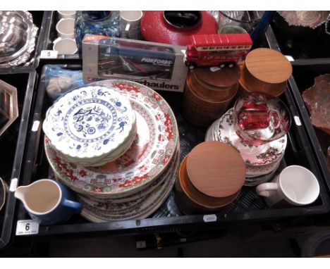 A collection of ceramic plates and platters, including Mason's, Spode, Wedgwood, together with 3 piece kitchen canister set a