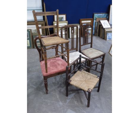 An early 20th Century child's corner bobbin chair with rush seat, together with two Edwardian strung parlour chairs and a can