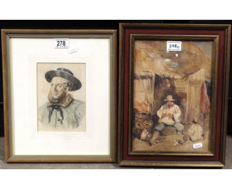 J..Lucas (British, late 19th Century), portrait of a bearded gent wearing a hat, signed l.l., watercolour, 18 by 13cm, and a 