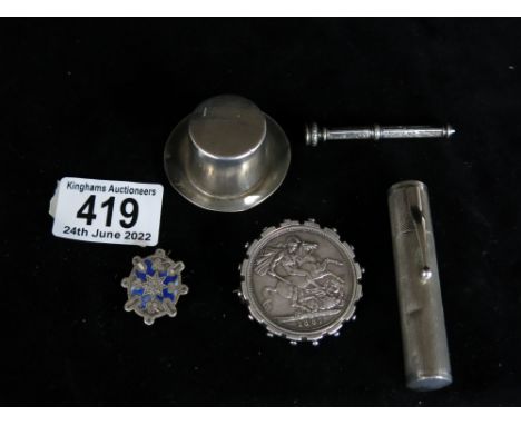 Silver including propelling pencil, 1887 crown brooch, Colibri lighter, etc