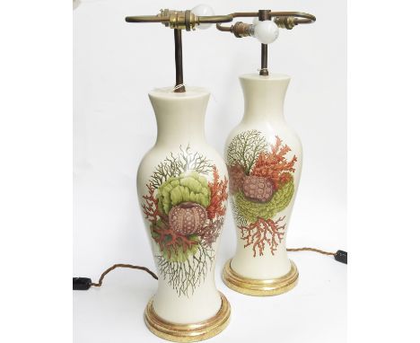 A pair of modern table lamp bases, baluster form decorated with sea urchins and seaweed. (2)