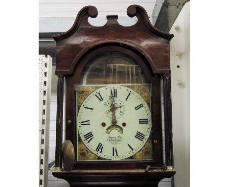 James Roe of Swansea, a 19th Century mahogany longcase clock, arched swan neck pediment, painted dial with landscape with fig