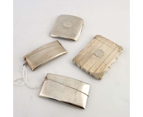 Four Victorian and later silver card cases, one castle top form, engine turned, two of hip fitting form, 6.67ozt (4)