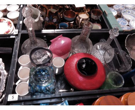 A collection of studio and cut glass vases including Stuart, Monart type, Strathearn, Victorian decanters, Whitefriars type v
