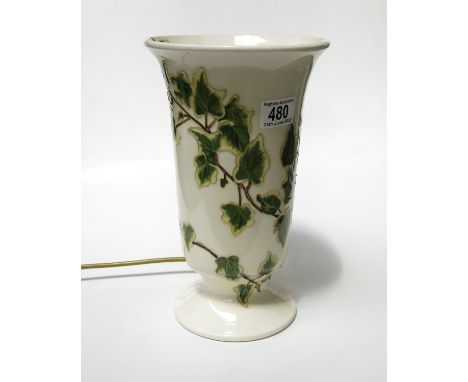 A Moorcroft ivy leaf pattern uplighter lamp, cream brown with tubelined ivy leaves, impressed marks, 28cm high