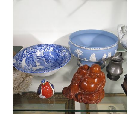 A carved boxwood figure of a Chinese man, a parquetry inlaid cribbage board, a wooden puzzle box, together with a collection 