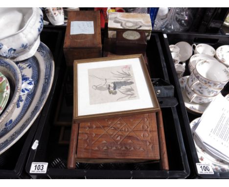 A collection of boxes and framed pictures including a Chinese jade set box, marquetry cigar casket, etc, together with white 