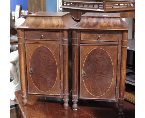 A pair of tabletop cabinets, caddy-topped, drawer and cupboard, strung inlay and alternating veneers, 58cm high, (2)