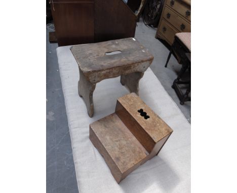 A country rustic pine stool, together with a similar oak bed step.  