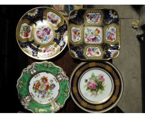 Four handpainted floral 19th century English porcelain dessert plates, including Coalport botanical plate, decorated with pin