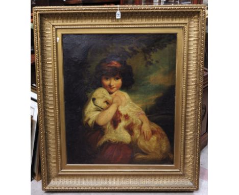 British School, late 19th Century, a portrait of a young girl holding her pet dog, oil on canvas, 75 by 62cm, gilt frame.