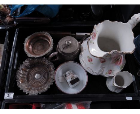 A Hancock wash jug and spill vase, transfer rose decoration, three plated wine coasters, A silver plated teapot with engine t