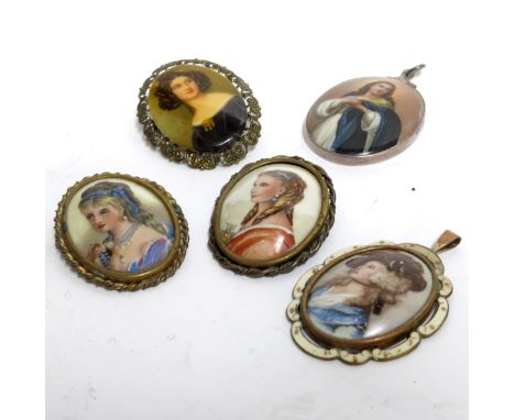 Four Limoges gilt metal mounted portrait pendants, and a silver mounted continental pendant painted with a portrait of the Vi