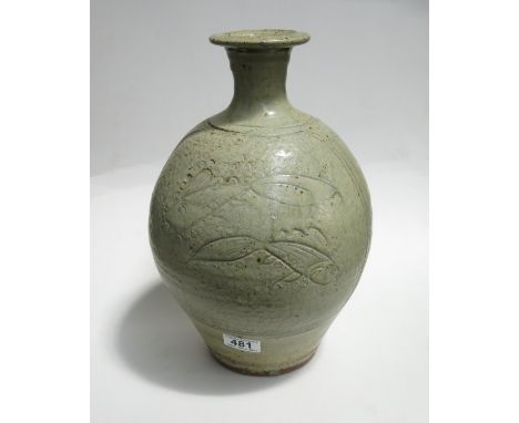 A Jim Malone stoneware vase, inverse baluster form, relief sgraffito decorated with fish, impressed marks, 34cm high