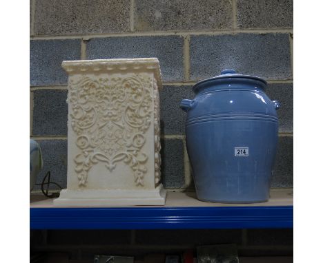 A large Parlane twin handled honey jar and cover, together with an alabaster effect relief moulded plinth, foliate scroll pan