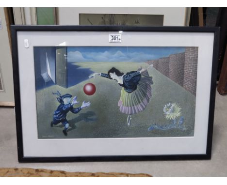 A surrealist painting of a ballerina and boy with ball, gouache, signed Norman Hogg l.l., together with a pastel drawing, a p