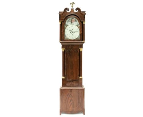 William Nicholas, Birmingham, a 19th Century mahogany strung longcase clock, arched swan neck hood with brass eagle finial, p