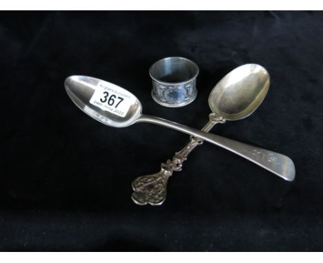 A Dutch cast silver spoon together with a George III silver tablespoon and a napkin ring  (3)