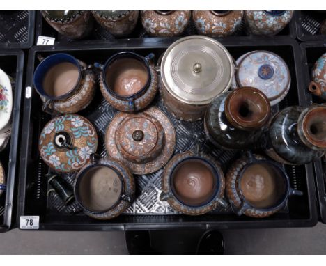 A collection of Doulton Lambeth stoneware to include a cache pot, tri-handled cauldron form, with impressed spiral detail hei