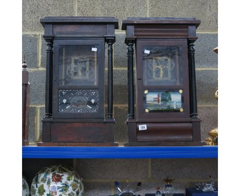 Two American stained wooden mantel shelf clocks, Wilson &amp; Dunn and another  (2)