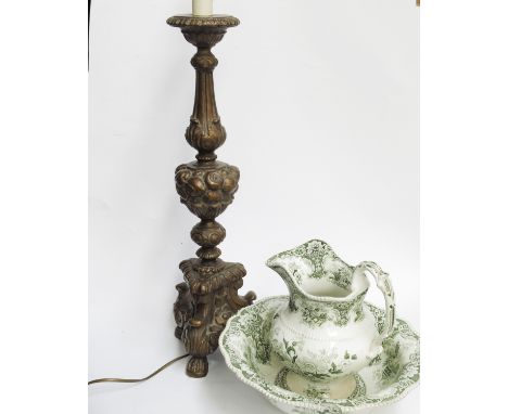 A  Gilt gesso table lamp base, foliated moulded knopped column on stepped triform base on three paw feet, together with a Sta