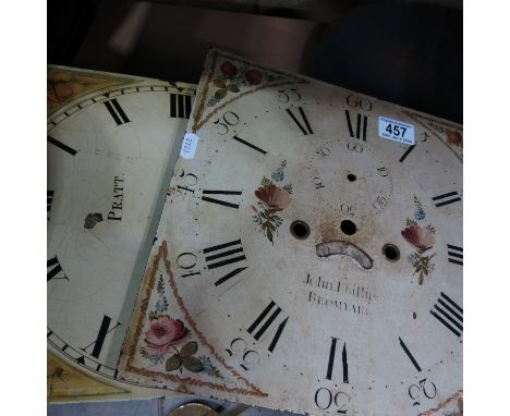 Two 19th century enamelled and painted longcase clock dials, one with part brass pillared movement.  (2)