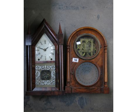 Two American walnut cased shelf mantel clocks, one by Brewster &amp; Ingrahams, Conn.  (2)