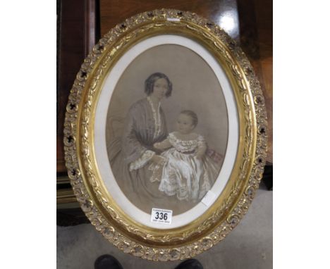 British School, mid 19th Century, portrait of a mother and child, oval, watercolour heightened with white, 33 by 23cm, gilt f