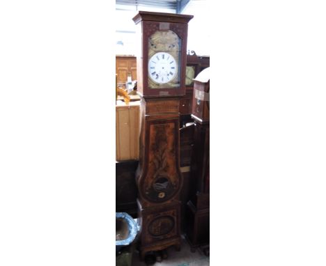 Dourdilly of Langeac, a 19th Century French longcase clock, bombé painted case, convex enamel dial with Roman numerals, 232cm