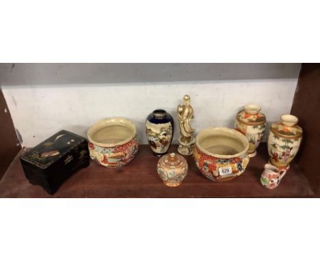 SHELF OF ORIENTAL POTTERY INCL; PAIR OF VASES, SMALL PLANT POTS, MUSICAL JEWELLERY CASKET ETC