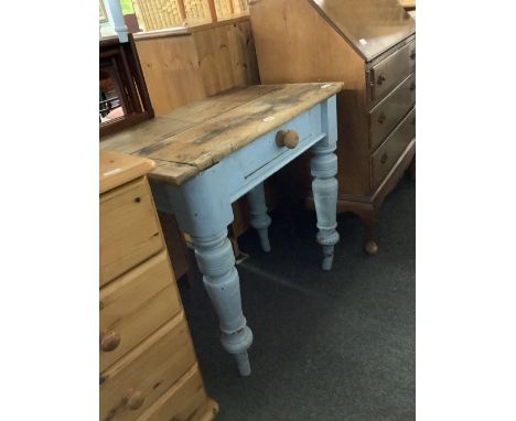 VINTAGE PINE KITCHEN TABLE WITH DRAWER, 32" X 19", HEAVY TURNED LEGS