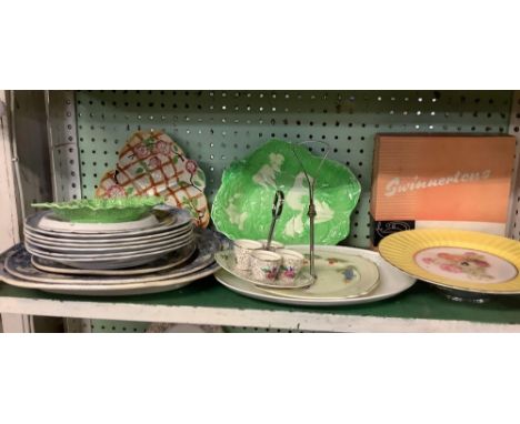 SHELF OF BLUE &amp; WHITE BROWN STONE POTTERY, MEAT PLATTERS, CAKE PLATES ETC